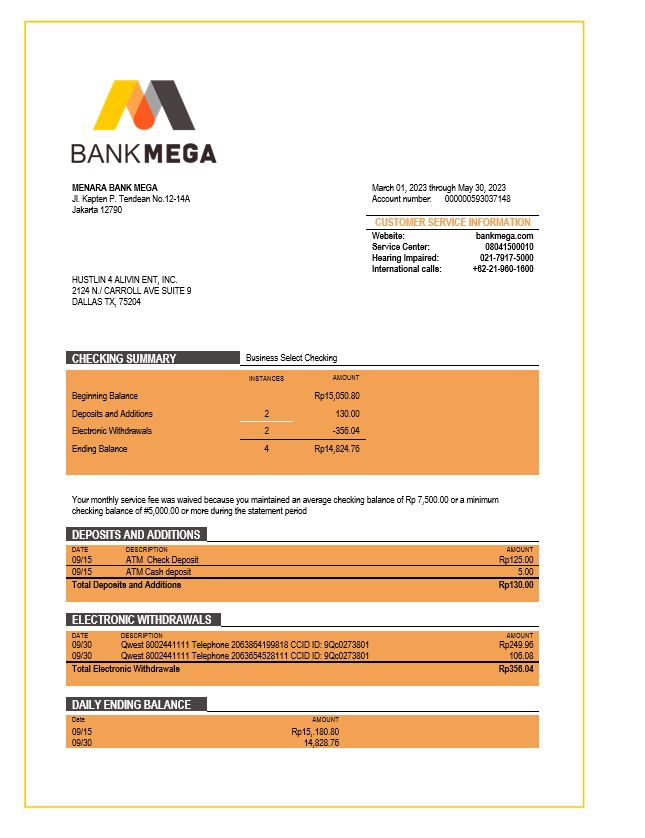 Modèle Word et PDF de relevé de compte courant d'entreprise Bank Mega